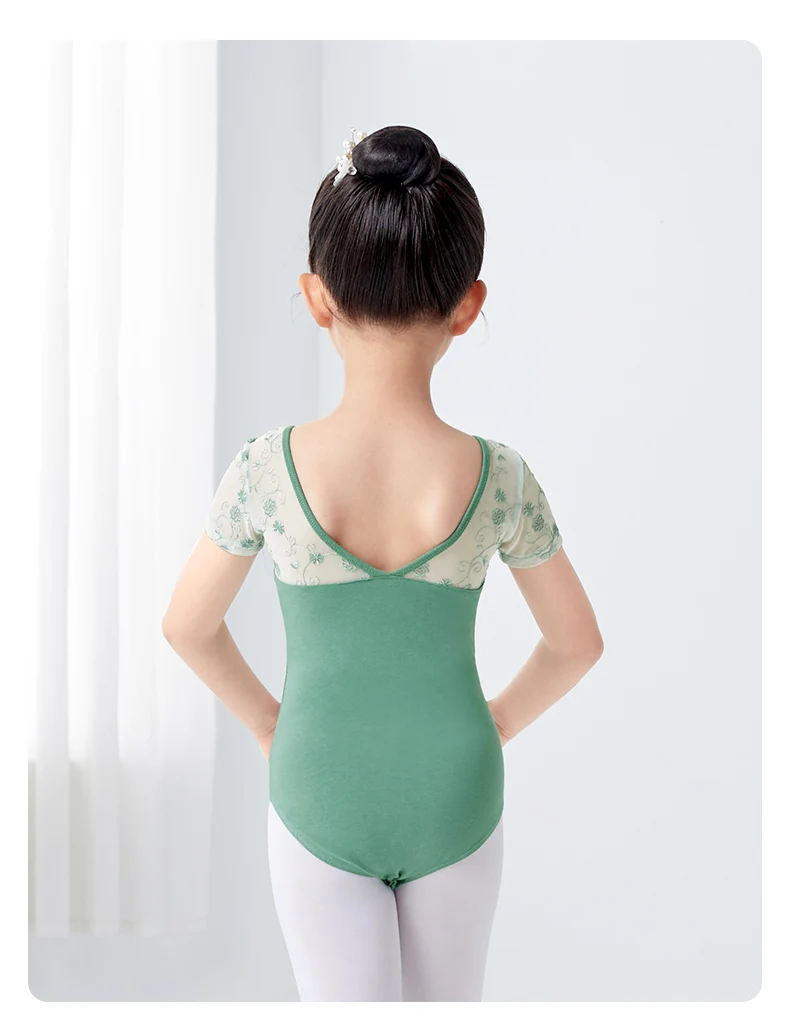 Girls Ballet Leotard Short Sleeve Dance Wear with Embroidery, Kids Dance Practice Gymnastics Outfit