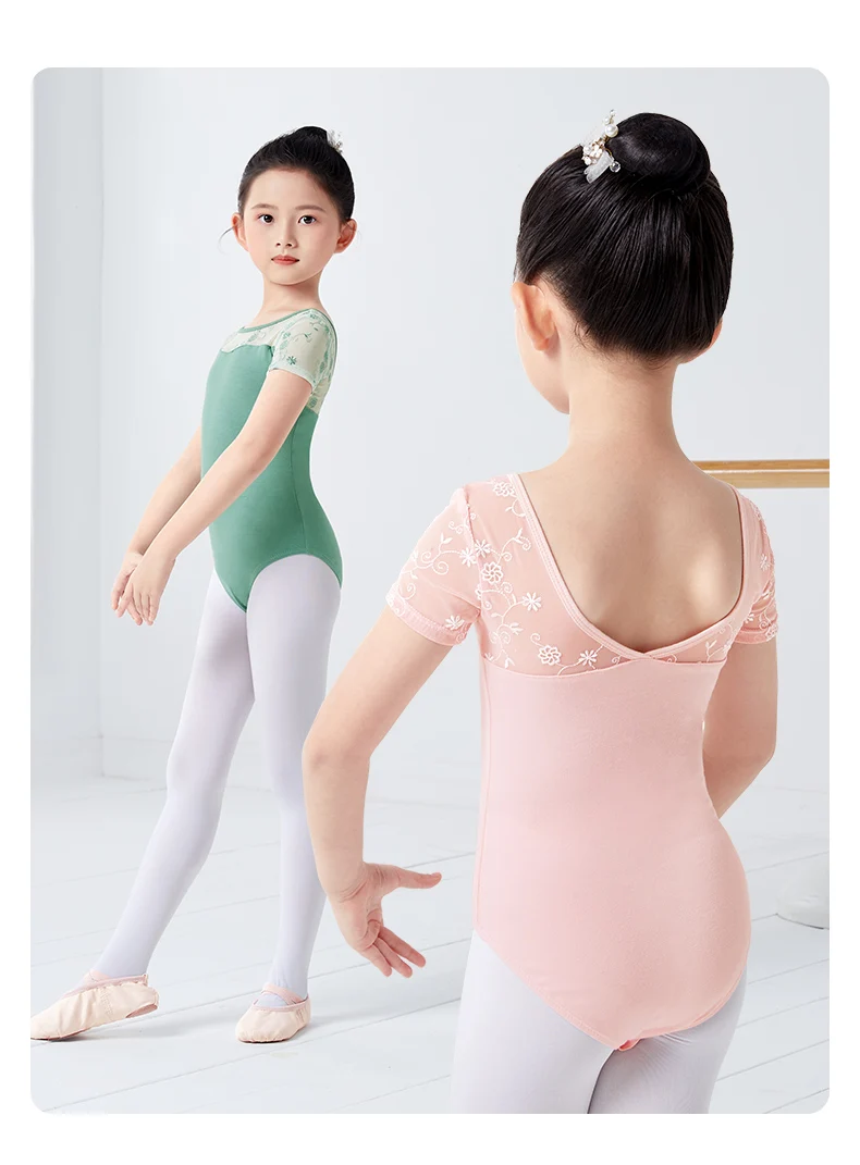 Girls Ballet Leotard Short Sleeve Dance Wear with Embroidery, Kids Dance Practice Gymnastics Outfit