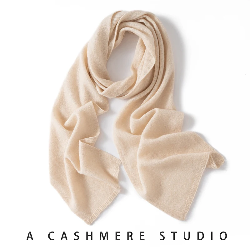 New Chic Women 100% Cashmere Scarf Autumn Winter Cashmere Knitted Solid Long Shawls Row Style Basic Soft Warm Scarf Luxury Tops