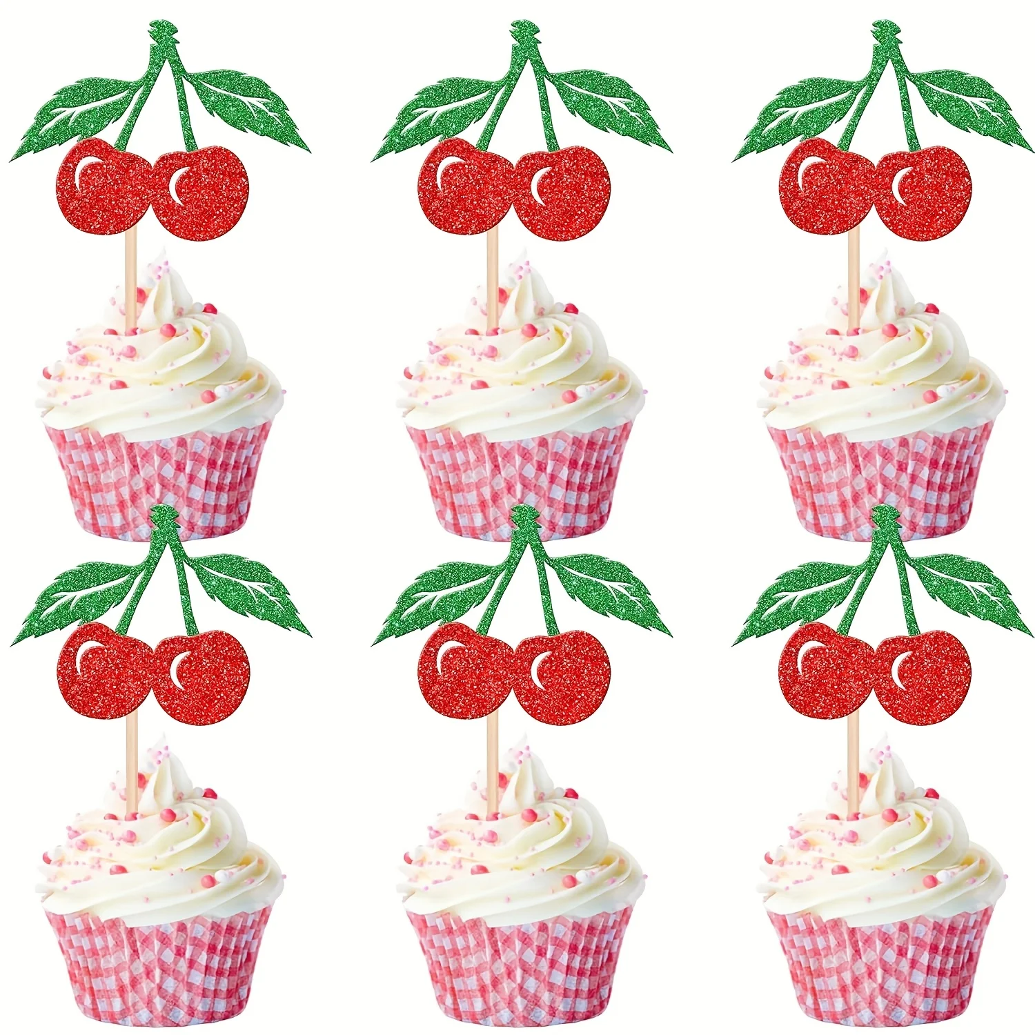 12/24pcs Cherry Cupcake Toppers Red Glitter Fruit Theme Sweet Cherry Cupcake Picks Cherry Theme Birthday Party Cake Decoration