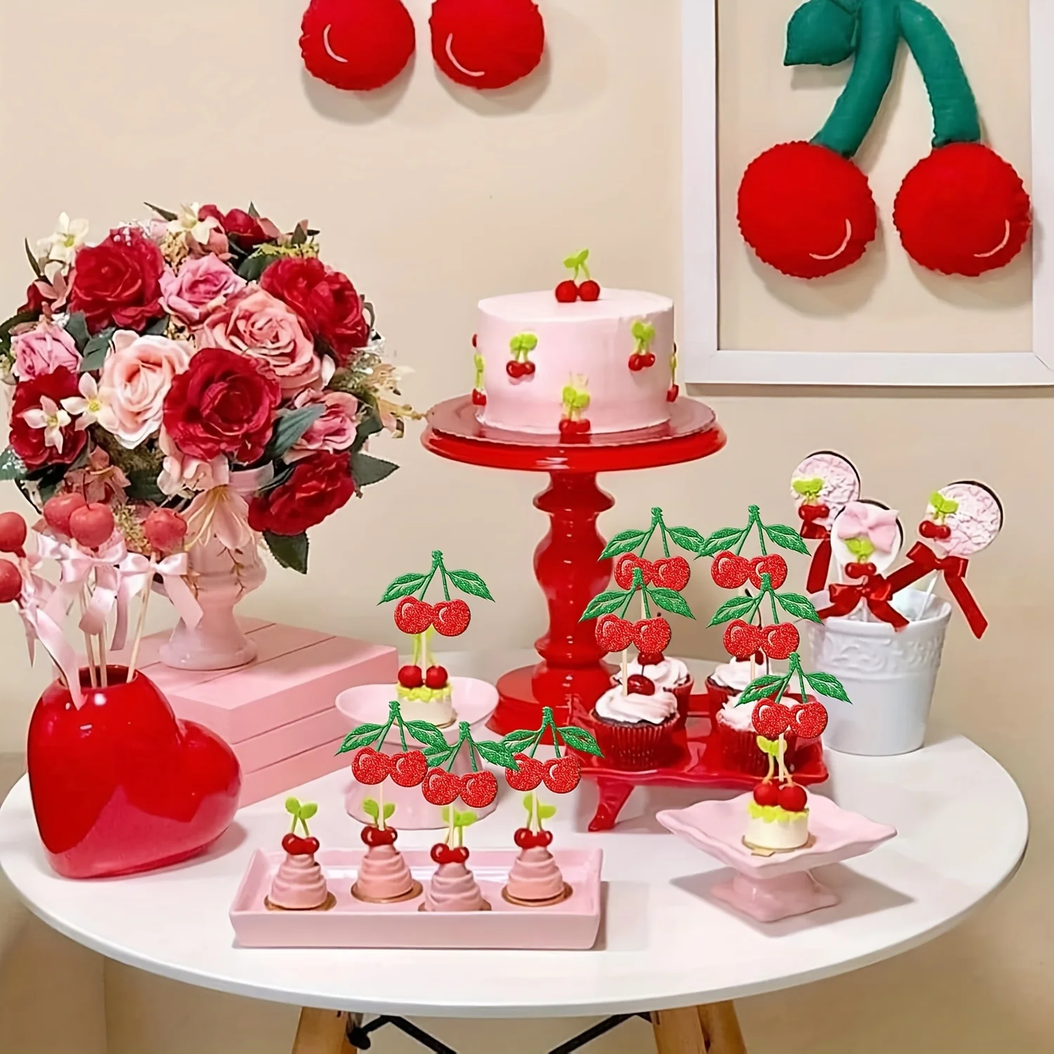 12/24pcs Cherry Cupcake Toppers Red Glitter Fruit Theme Sweet Cherry Cupcake Picks Cherry Theme Birthday Party Cake Decoration