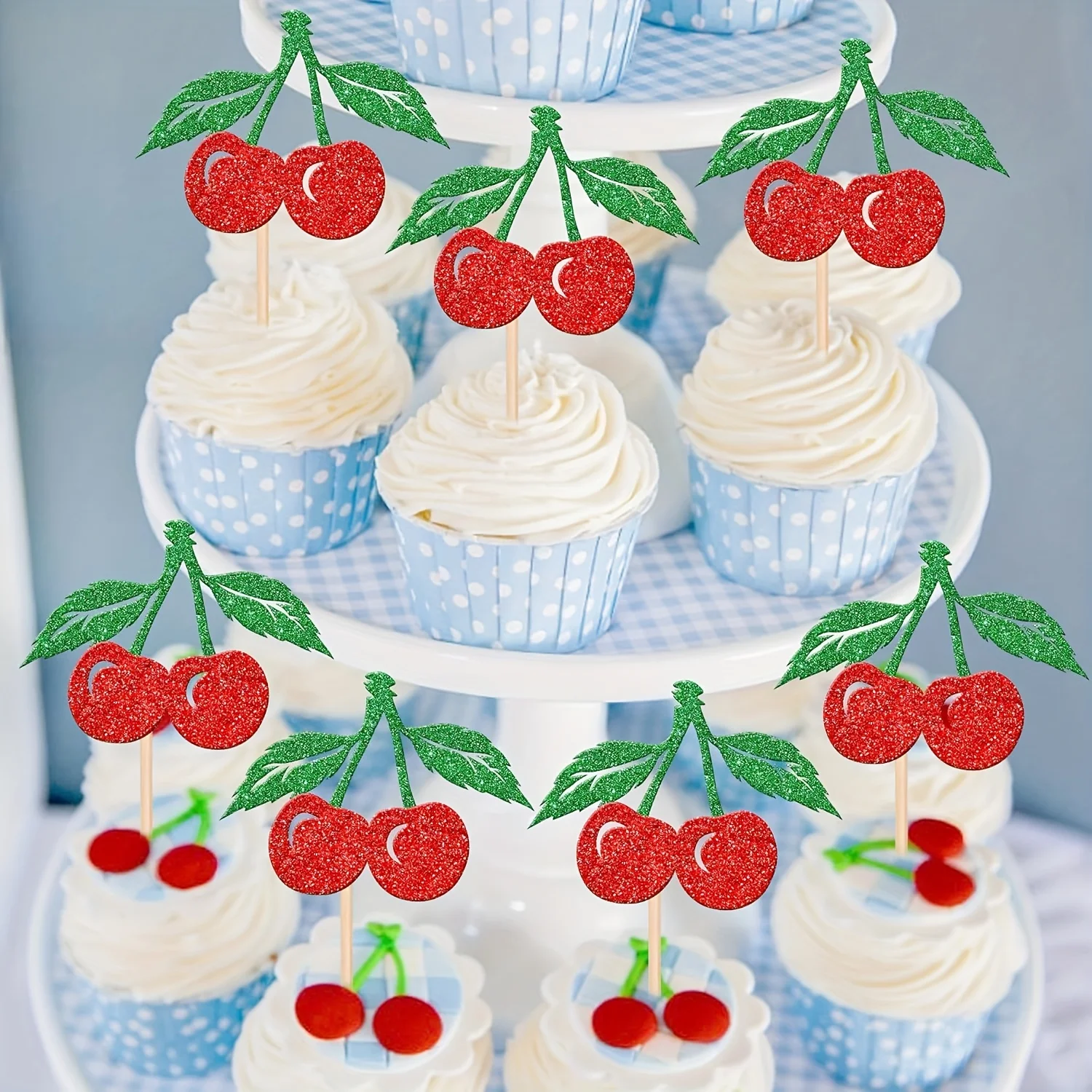 12/24pcs Cherry Cupcake Toppers Red Glitter Fruit Theme Sweet Cherry Cupcake Picks Cherry Theme Birthday Party Cake Decoration
