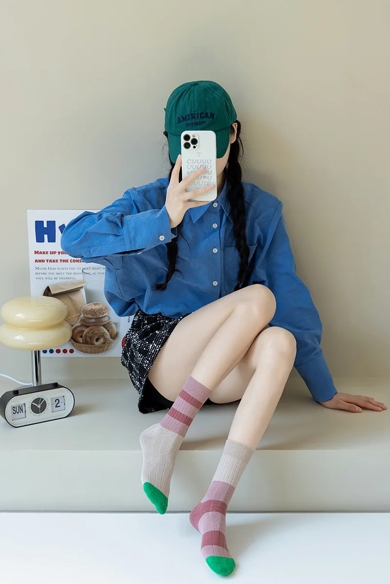 Retro Women's Socks Korean Style New Novelty Cotton Casual Mixed-Color Japanese Style AB Socks Women Striped Cotton Medium Socks