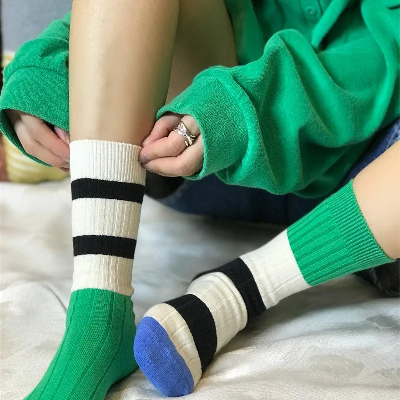 Retro Women's Socks Korean Style New Novelty Cotton Casual Mixed-Color Japanese Style AB Socks Women Striped Cotton Medium Socks