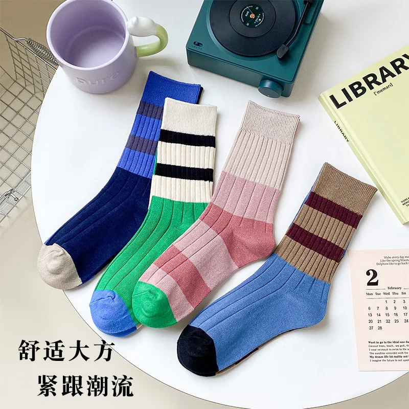 Retro Women's Socks Korean Style New Novelty Cotton Casual Mixed-Color Japanese Style AB Socks Women Striped Cotton Medium Socks