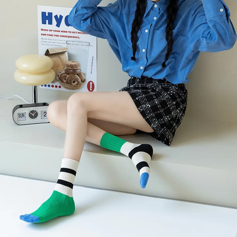Retro Women's Socks Korean Style New Novelty Cotton Casual Mixed-Color Japanese Style AB Socks Women Striped Cotton Medium Socks