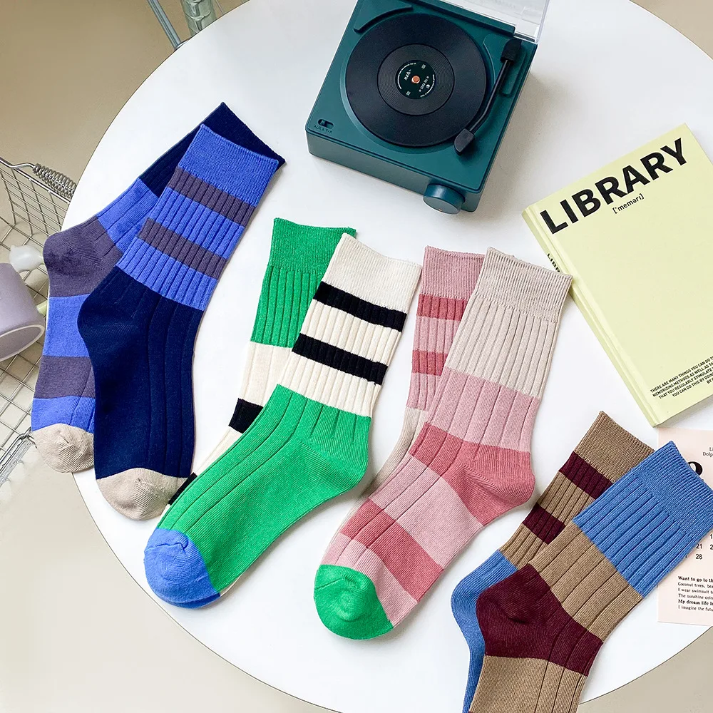 Retro Women's Socks Korean Style New Novelty Cotton Casual Mixed-Color Japanese Style AB Socks Women Striped Cotton Medium Socks