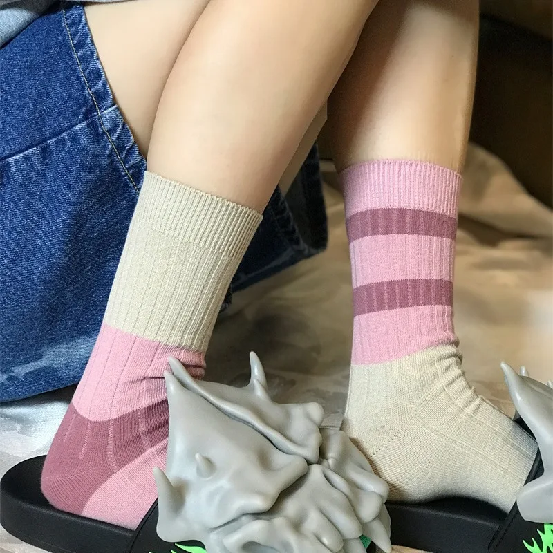 Retro Women's Socks Korean Style New Novelty Cotton Casual Mixed-Color Japanese Style AB Socks Women Striped Cotton Medium Socks