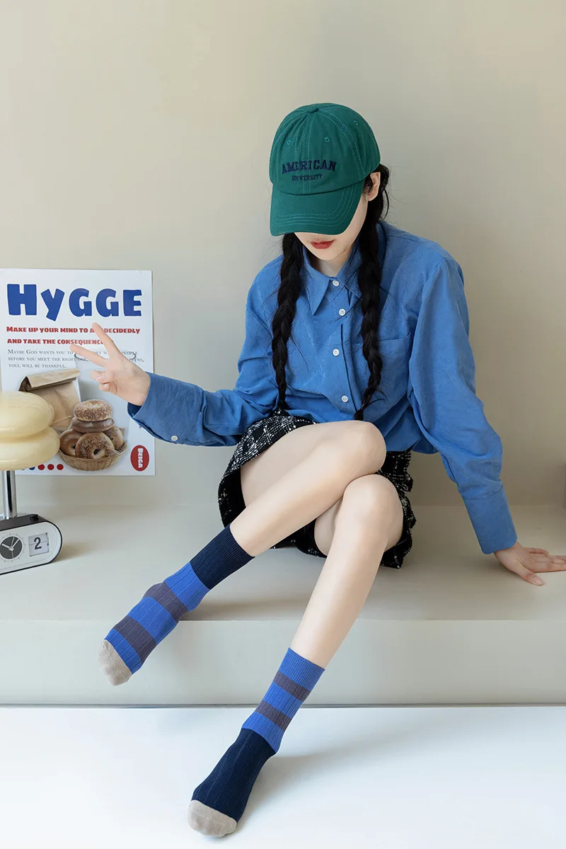 Retro Women's Socks Korean Style New Novelty Cotton Casual Mixed-Color Japanese Style AB Socks Women Striped Cotton Medium Socks