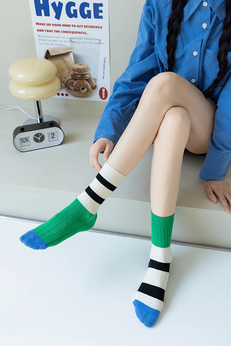 Retro Women's Socks Korean Style New Novelty Cotton Casual Mixed-Color Japanese Style AB Socks Women Striped Cotton Medium Socks