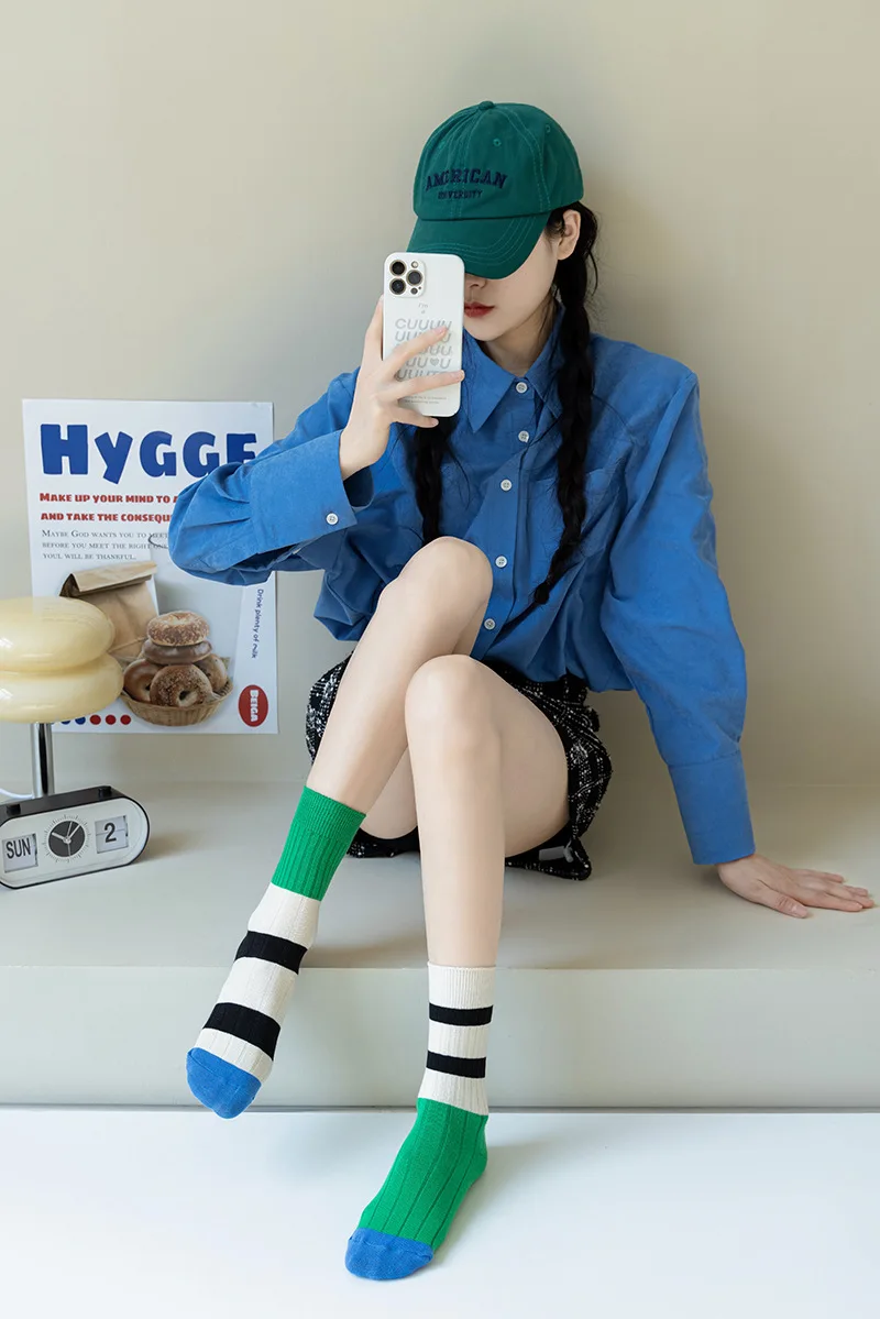 Retro Women's Socks Korean Style New Novelty Cotton Casual Mixed-Color Japanese Style AB Socks Women Striped Cotton Medium Socks