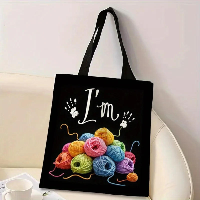 Women's Knitting Crochet Craft Tote Bag 2D Print Design with Yarn Balls, Needles & Tools Durable Polyester Casual Shoulder Bag
