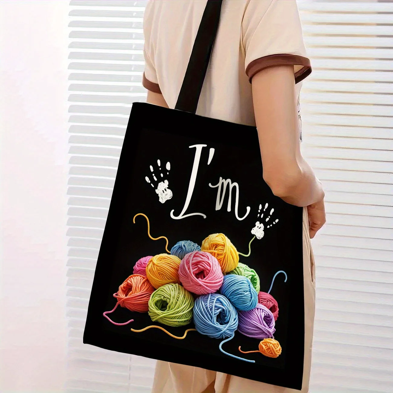 Women's Knitting Crochet Craft Tote Bag 2D Print Design with Yarn Balls, Needles & Tools Durable Polyester Casual Shoulder Bag