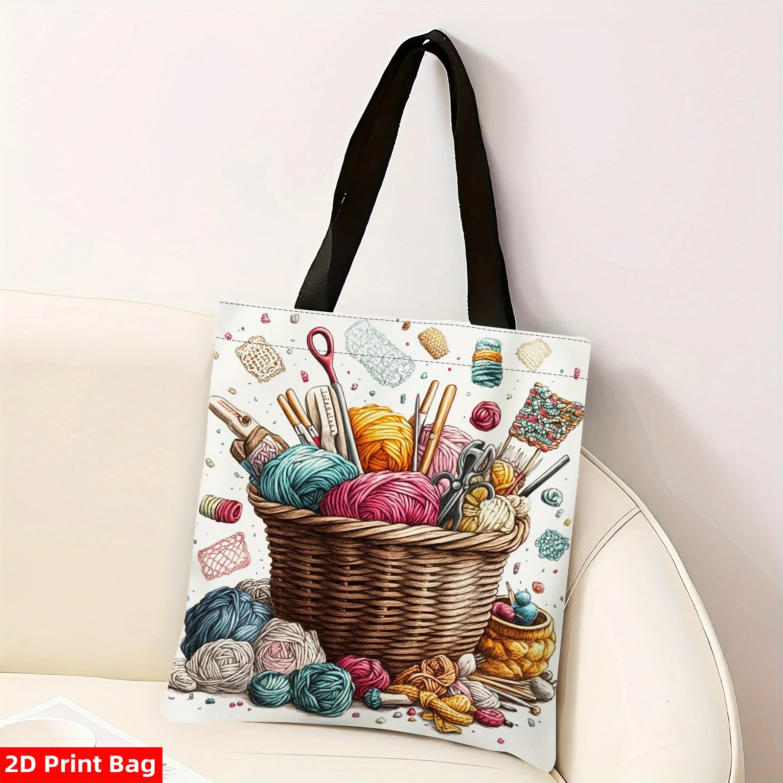 Women's Knitting Crochet Craft Tote Bag 2D Print Design with Yarn Balls, Needles & Tools Durable Polyester Casual Shoulder Bag