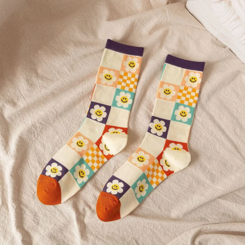 1/3/5 Pairs Sunflower Print Socks Women Mid-Calf French Style Cute Preppy Casual Fashion All Season Daily Wear EU 35-40 US 5-8
