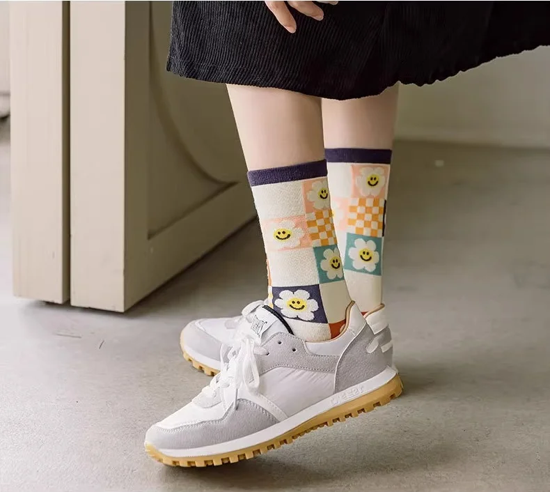 1/3/5 Pairs Sunflower Print Socks Women Mid-Calf French Style Cute Preppy Casual Fashion All Season Daily Wear EU 35-40 US 5-8