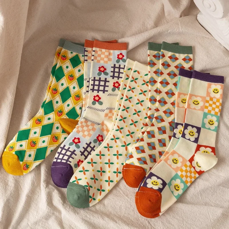 1/3/5 Pairs Sunflower Print Socks Women Mid-Calf French Style Cute Preppy Casual Fashion All Season Daily Wear EU 35-40 US 5-8