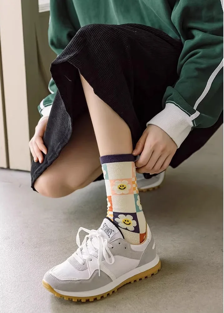 1/3/5 Pairs Sunflower Print Socks Women Mid-Calf French Style Cute Preppy Casual Fashion All Season Daily Wear EU 35-40 US 5-8