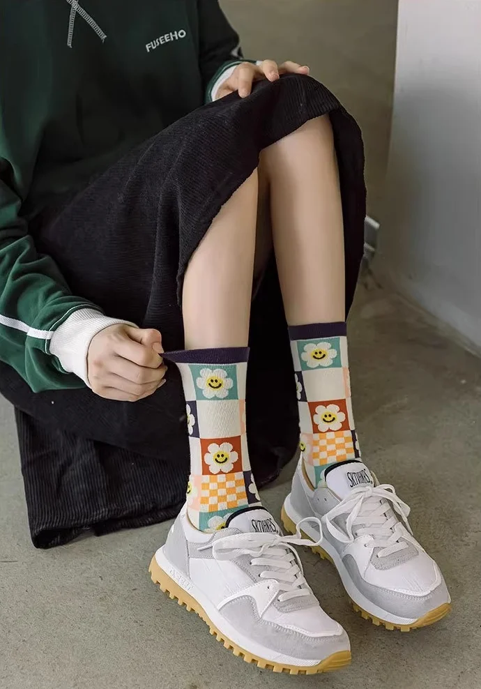 1/3/5 Pairs Sunflower Print Socks Women Mid-Calf French Style Cute Preppy Casual Fashion All Season Daily Wear EU 35-40 US 5-8