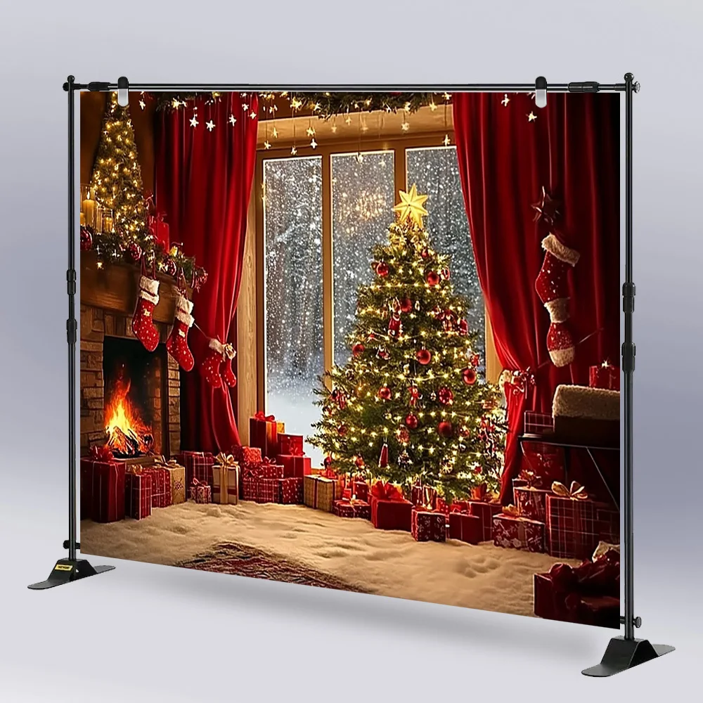 A festive Christmas tree and fireplace polyester background fabric - a warm festive scene, perfect for room decoration
