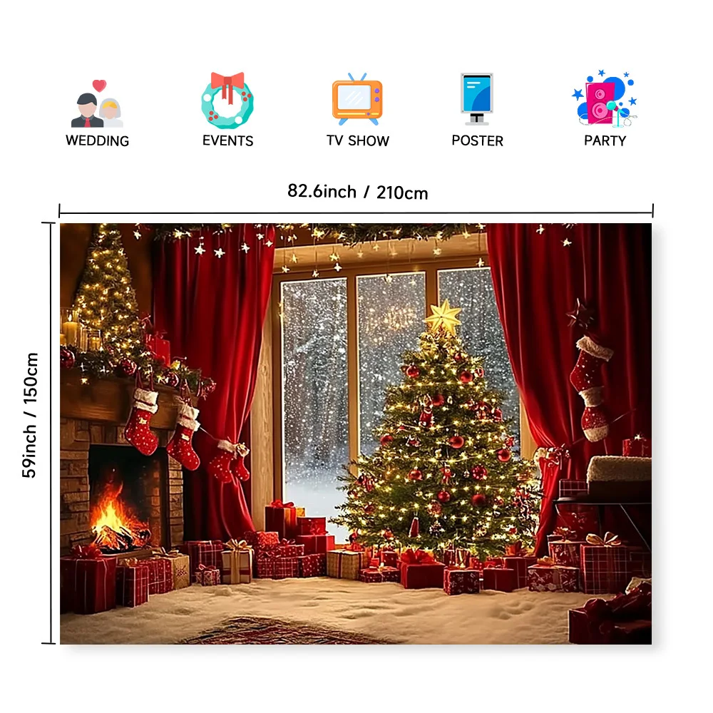 A festive Christmas tree and fireplace polyester background fabric - a warm festive scene, perfect for room decoration