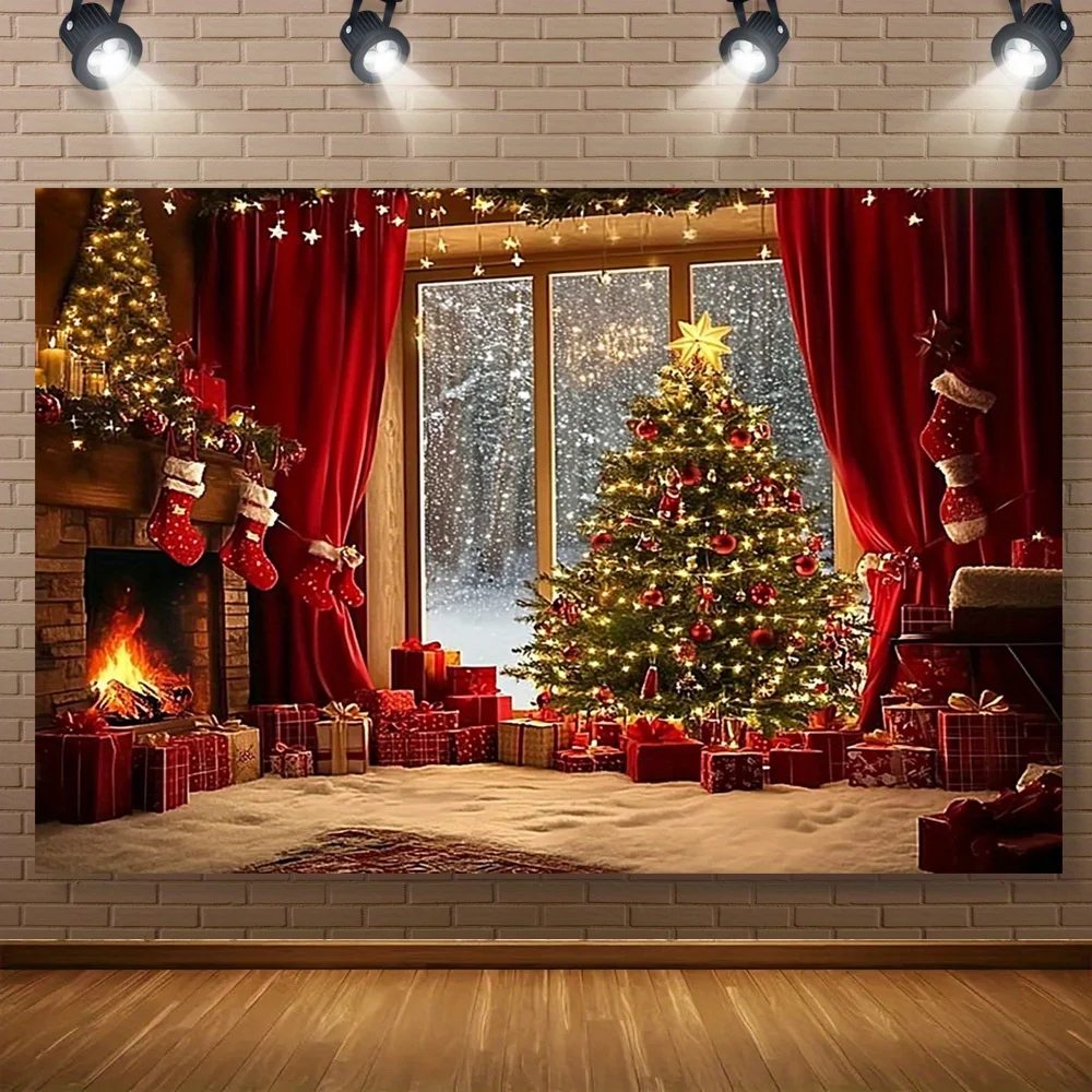 A festive Christmas tree and fireplace polyester background fabric - a warm festive scene, perfect for room decoration