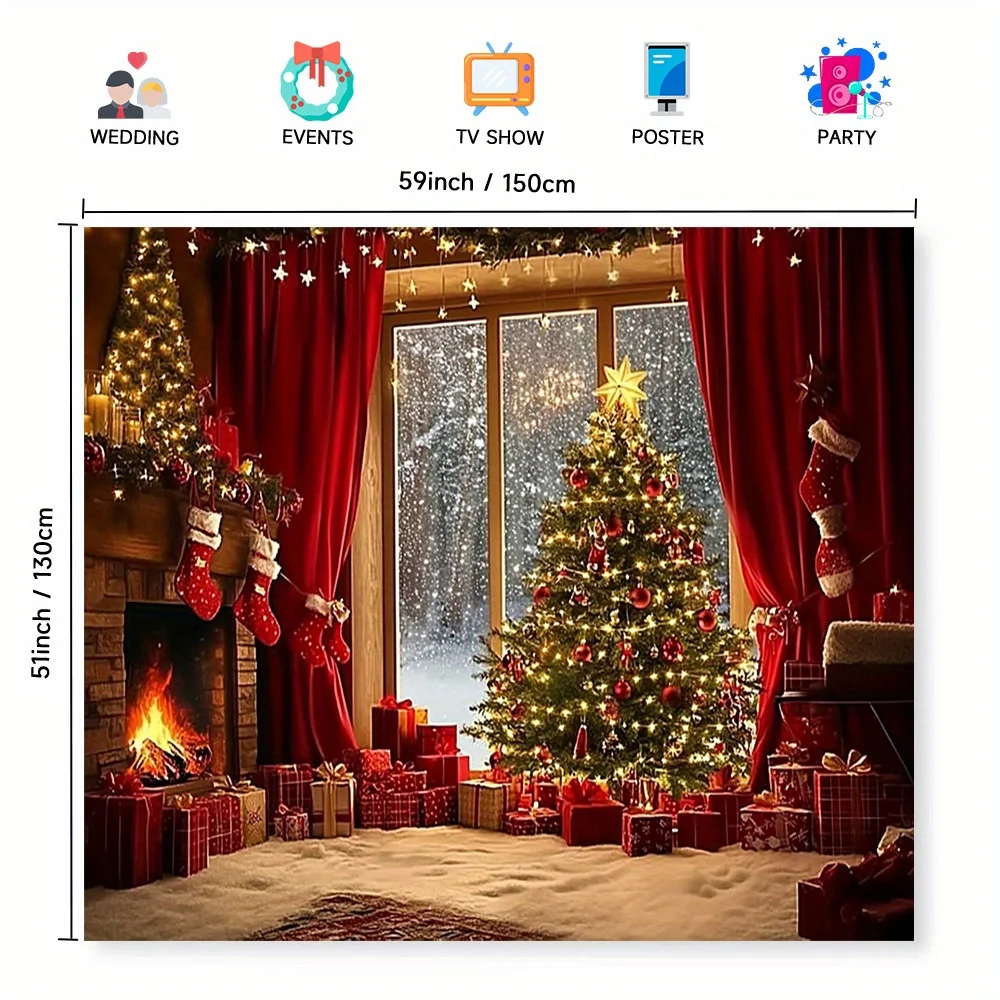 A festive Christmas tree and fireplace polyester background fabric - a warm festive scene, perfect for room decoration