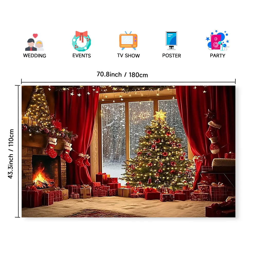 A festive Christmas tree and fireplace polyester background fabric - a warm festive scene, perfect for room decoration