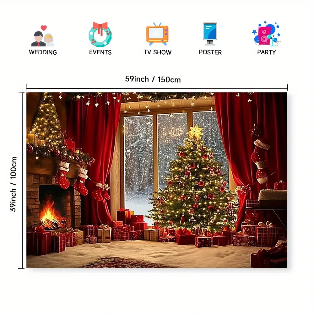 A festive Christmas tree and fireplace polyester background fabric - a warm festive scene, perfect for room decoration