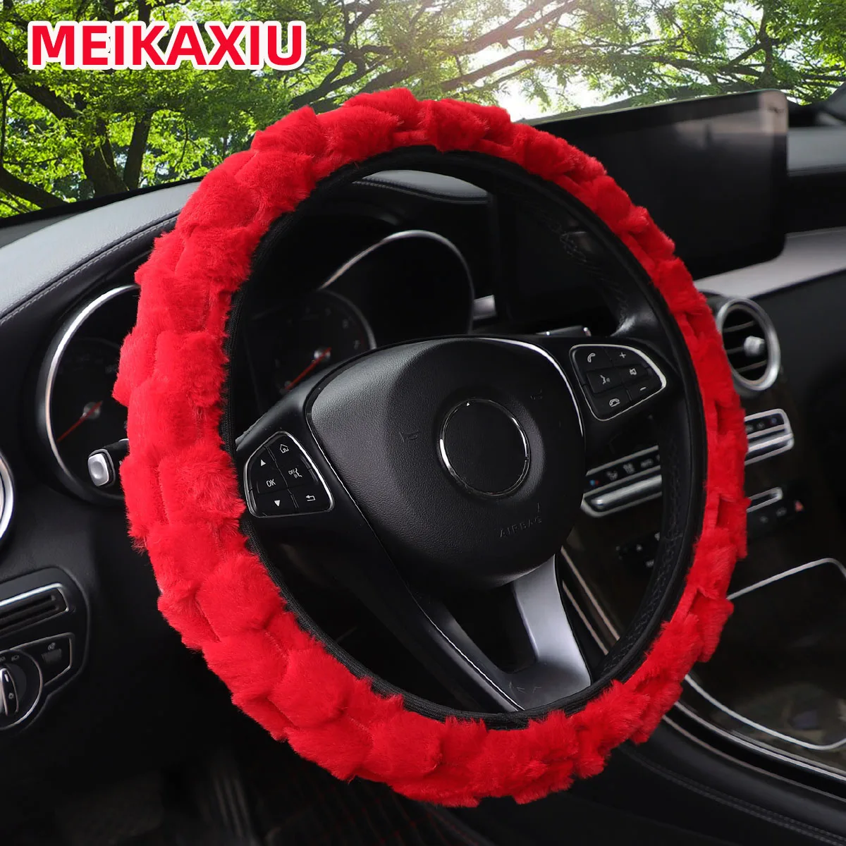 3D Artificial Rabbit Fur Steering Wheel Cover for Women Car Inner Ring Free 14.5-15 Inch Decorative Accessory