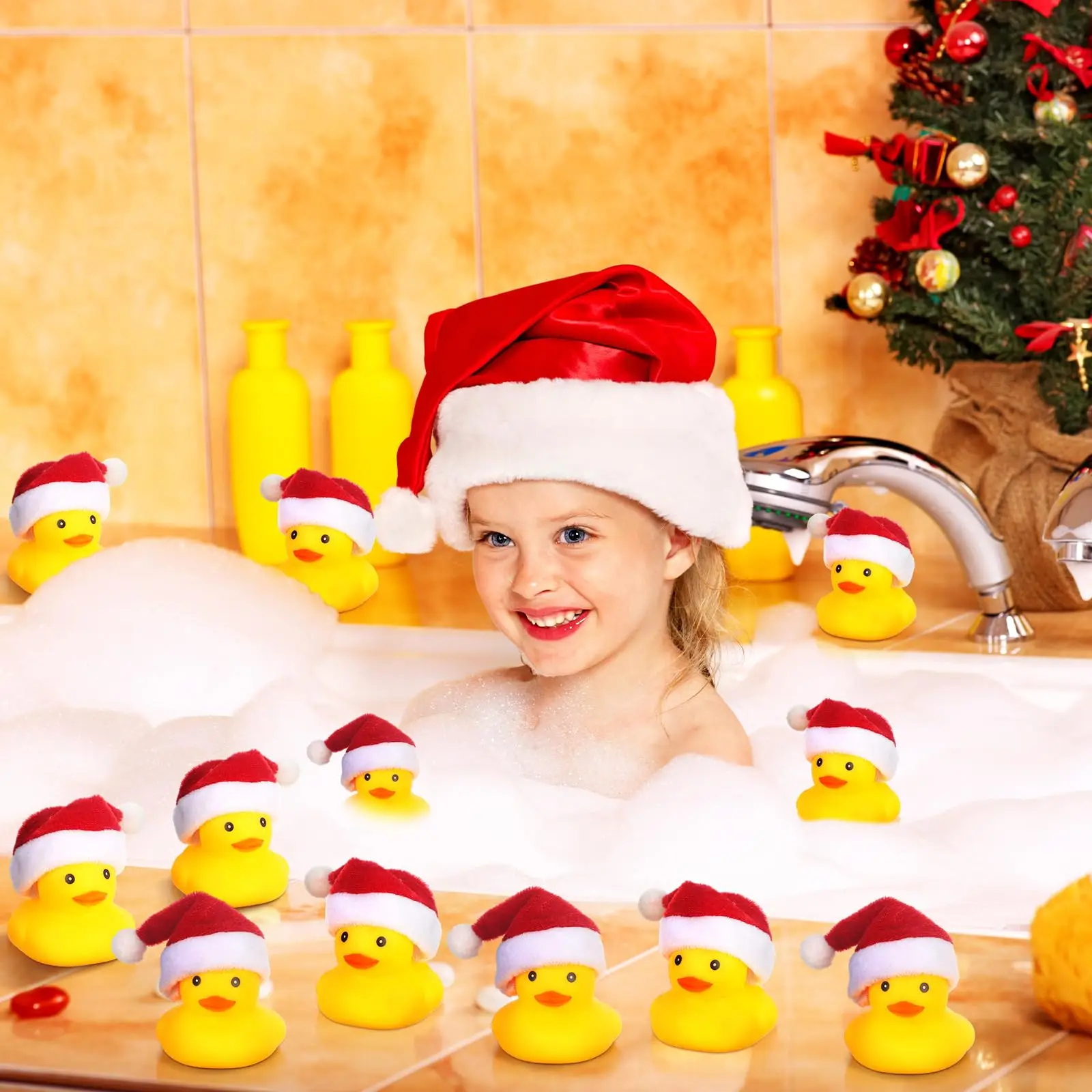 Christmas Rubber Ducks with Christmas Hats - Small, Yellow, Floating, Squeaky Bathtub Toys for Girls Boys Shower