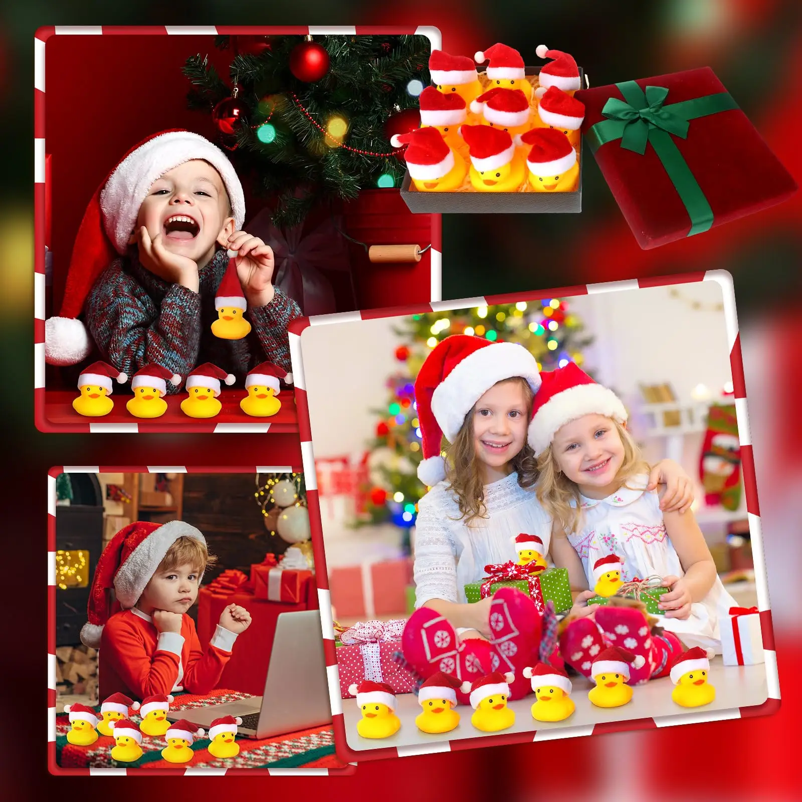 Christmas Rubber Ducks with Christmas Hats - Small, Yellow, Floating, Squeaky Bathtub Toys for Girls Boys Shower