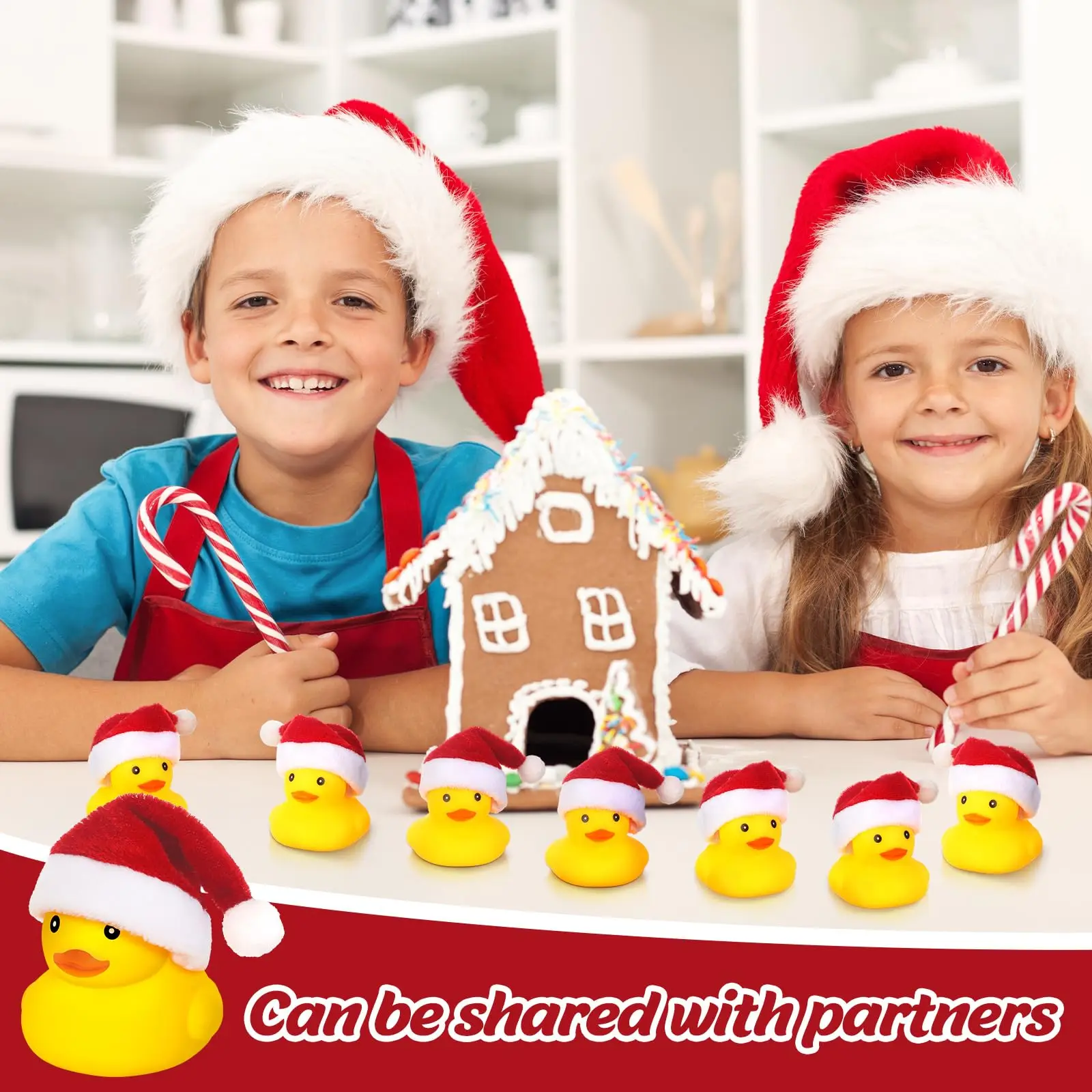 Christmas Rubber Ducks with Christmas Hats - Small, Yellow, Floating, Squeaky Bathtub Toys for Girls Boys Shower
