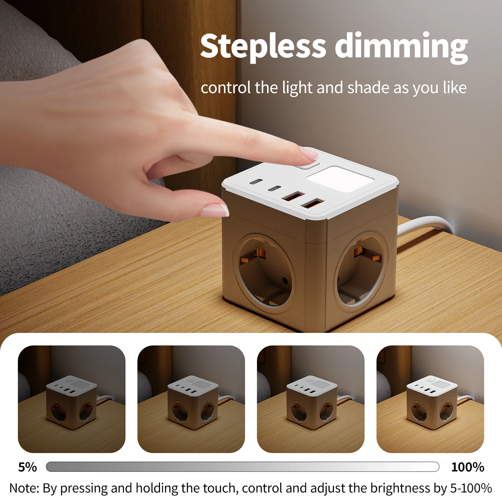1 EU 8-in-1 power socket, with 1.5-meter extension cord power board, 3 AC sockets & 2 USB & 2 Type-C & dimmable small night ligh
