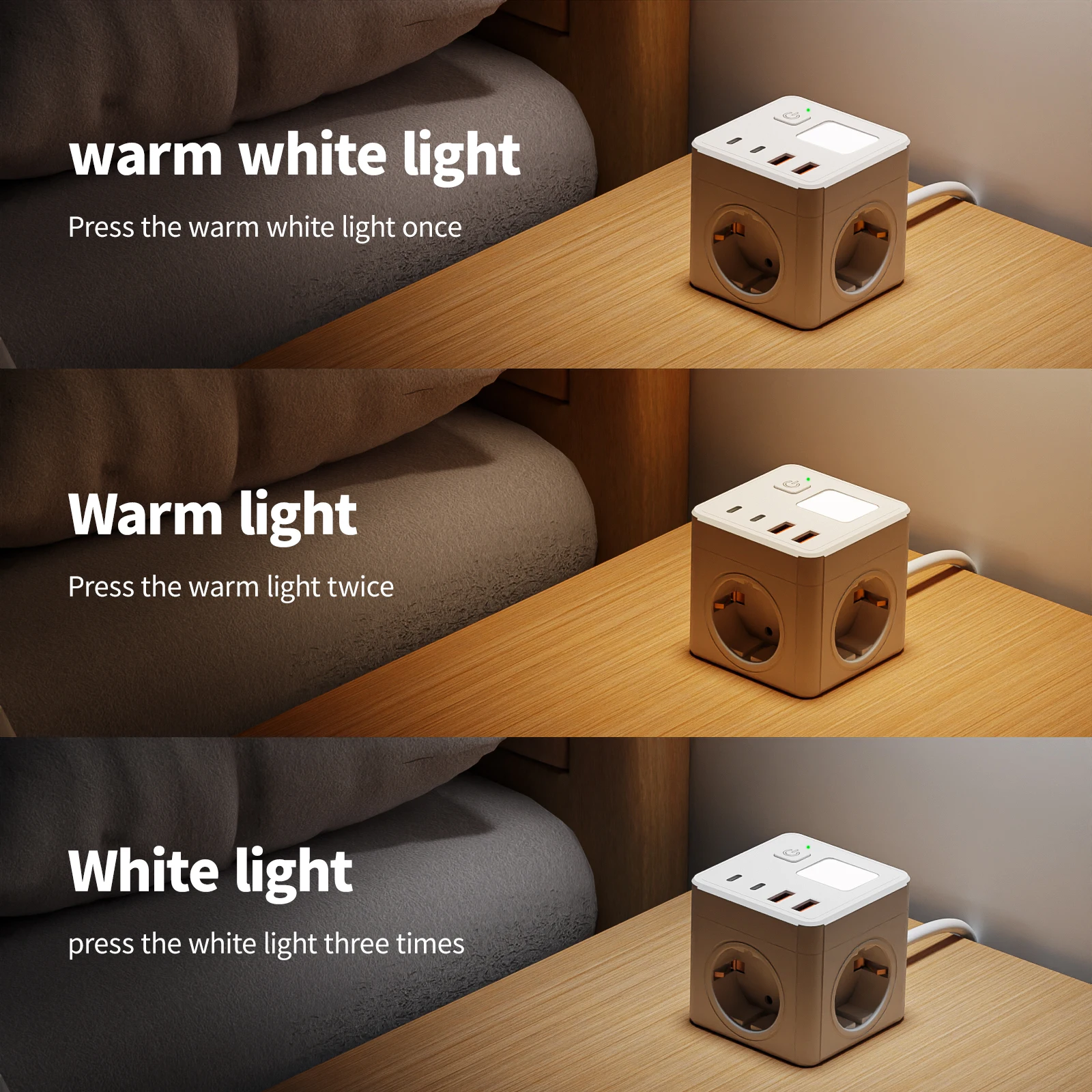 1 EU 8-in-1 power socket, with 1.5-meter extension cord power board, 3 AC sockets & 2 USB & 2 Type-C & dimmable small night ligh