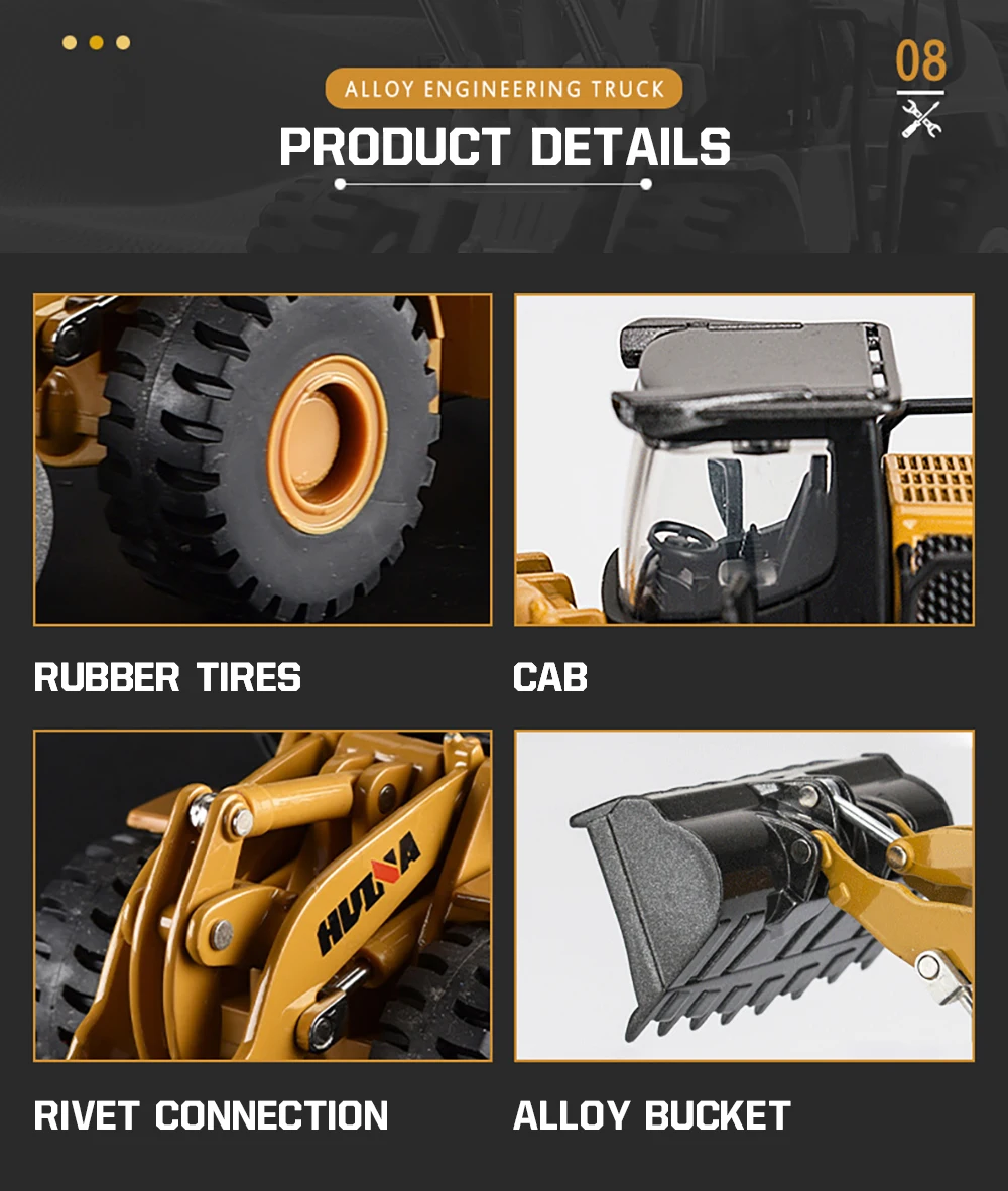 HUINA 1/50 High Simulation Alloy Toys Die-cast Navvy Loader Bulldozer Engineering Construction Car Toys for Boys Kids Xmas Gifts