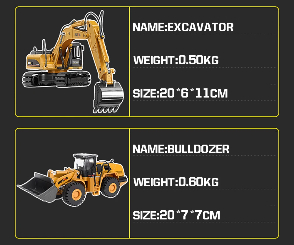 HUINA 1/50 High Simulation Alloy Toys Die-cast Navvy Loader Bulldozer Engineering Construction Car Toys for Boys Kids Xmas Gifts