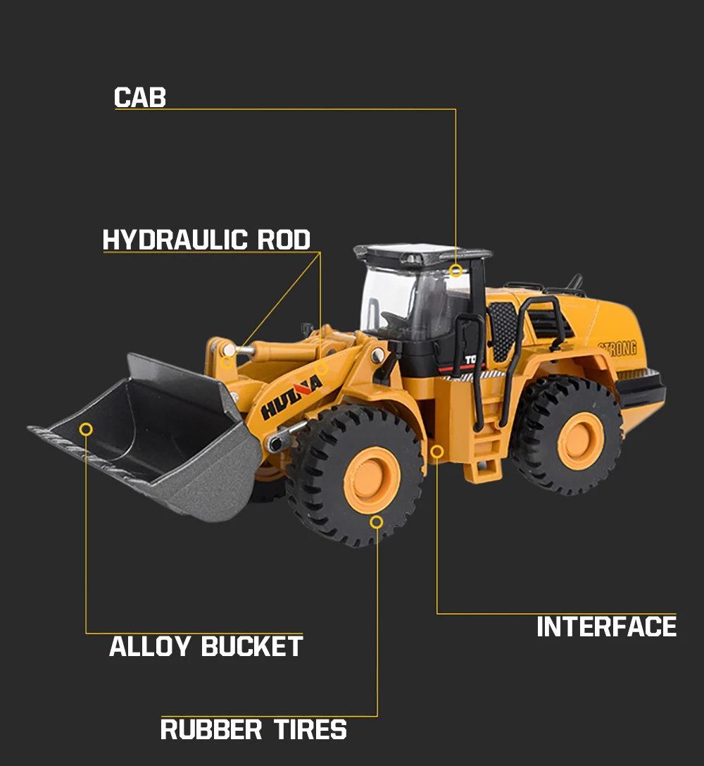 HUINA 1/50 High Simulation Alloy Toys Die-cast Navvy Loader Bulldozer Engineering Construction Car Toys for Boys Kids Xmas Gifts