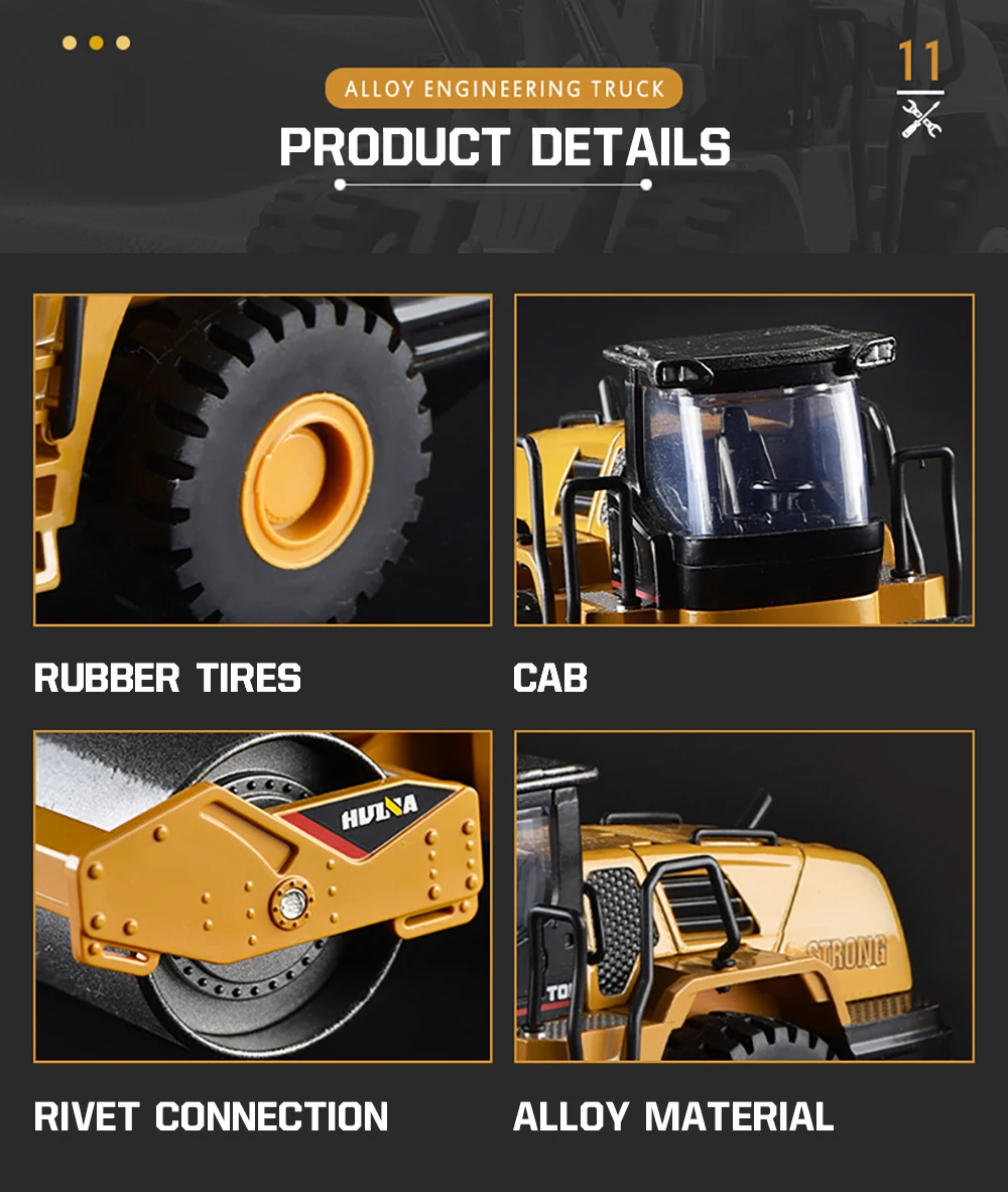HUINA 1/50 High Simulation Alloy Toys Die-cast Navvy Loader Bulldozer Engineering Construction Car Toys for Boys Kids Xmas Gifts