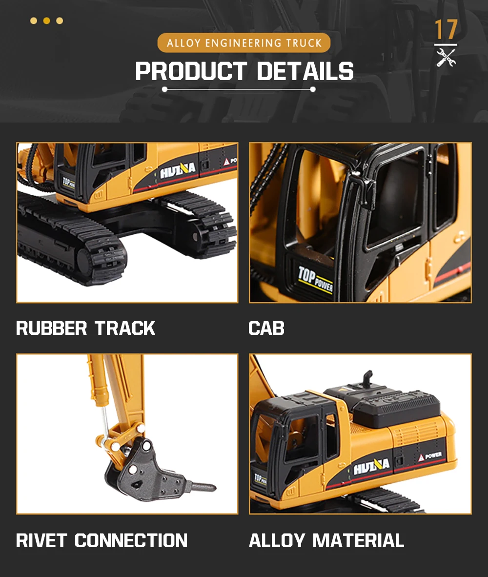 HUINA 1/50 High Simulation Alloy Toys Die-cast Navvy Loader Bulldozer Engineering Construction Car Toys for Boys Kids Xmas Gifts