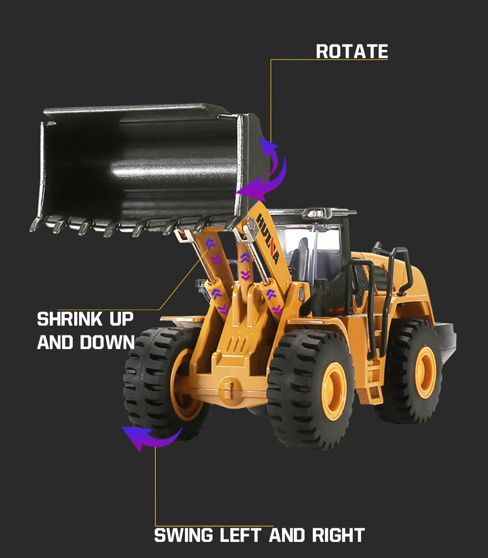 HUINA 1/50 High Simulation Alloy Toys Die-cast Navvy Loader Bulldozer Engineering Construction Car Toys for Boys Kids Xmas Gifts