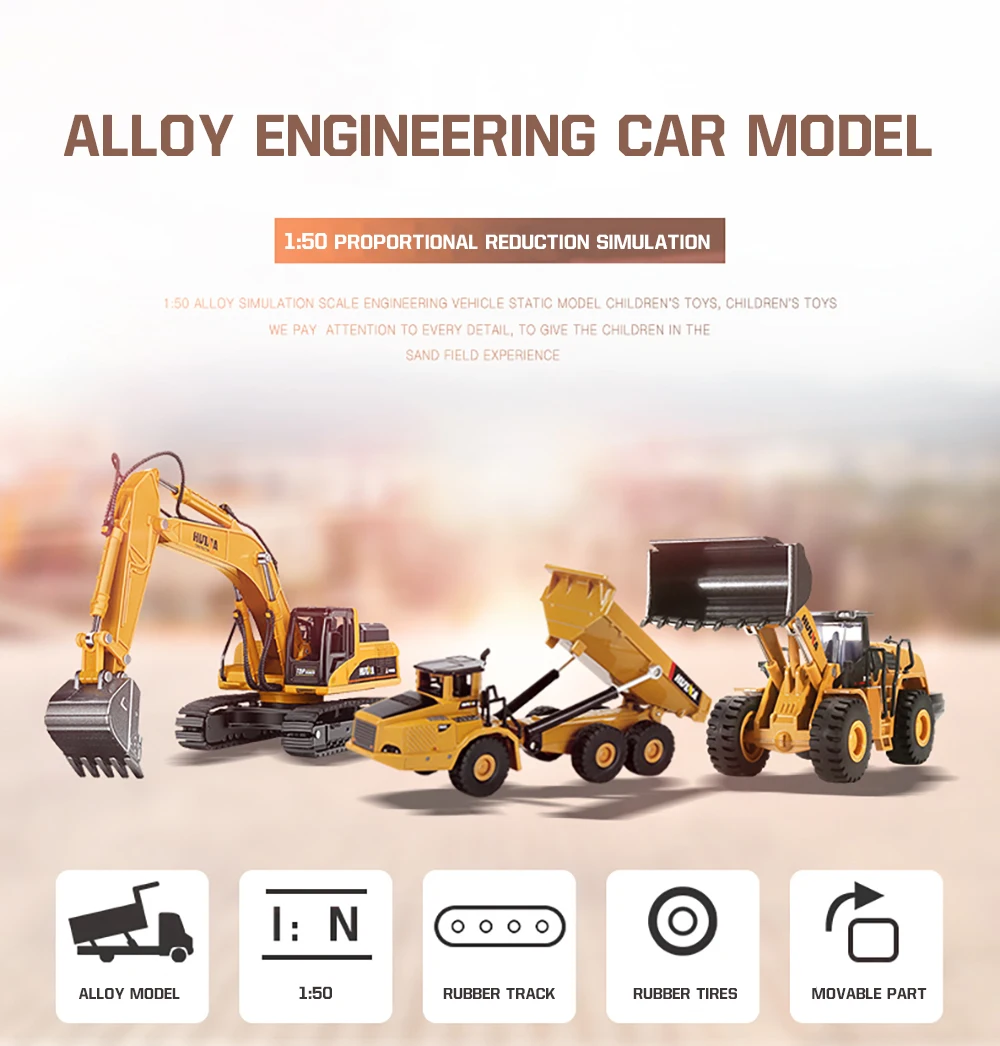 HUINA 1/50 High Simulation Alloy Toys Die-cast Navvy Loader Bulldozer Engineering Construction Car Toys for Boys Kids Xmas Gifts