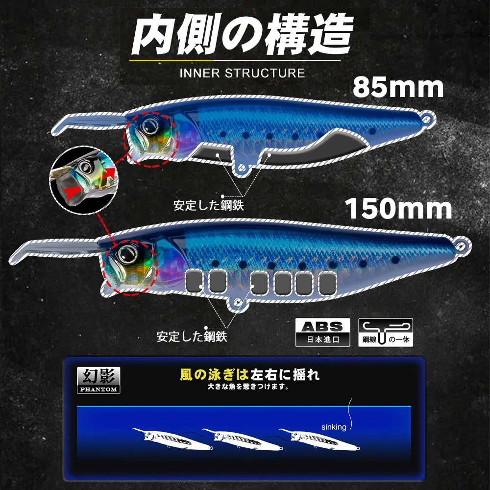 D1 Popper Fishing Lures Topwater Sinking Wobblers 85mm 150mm High Quality Hard Bait With Metal Lips Pencil Fishing Tackle