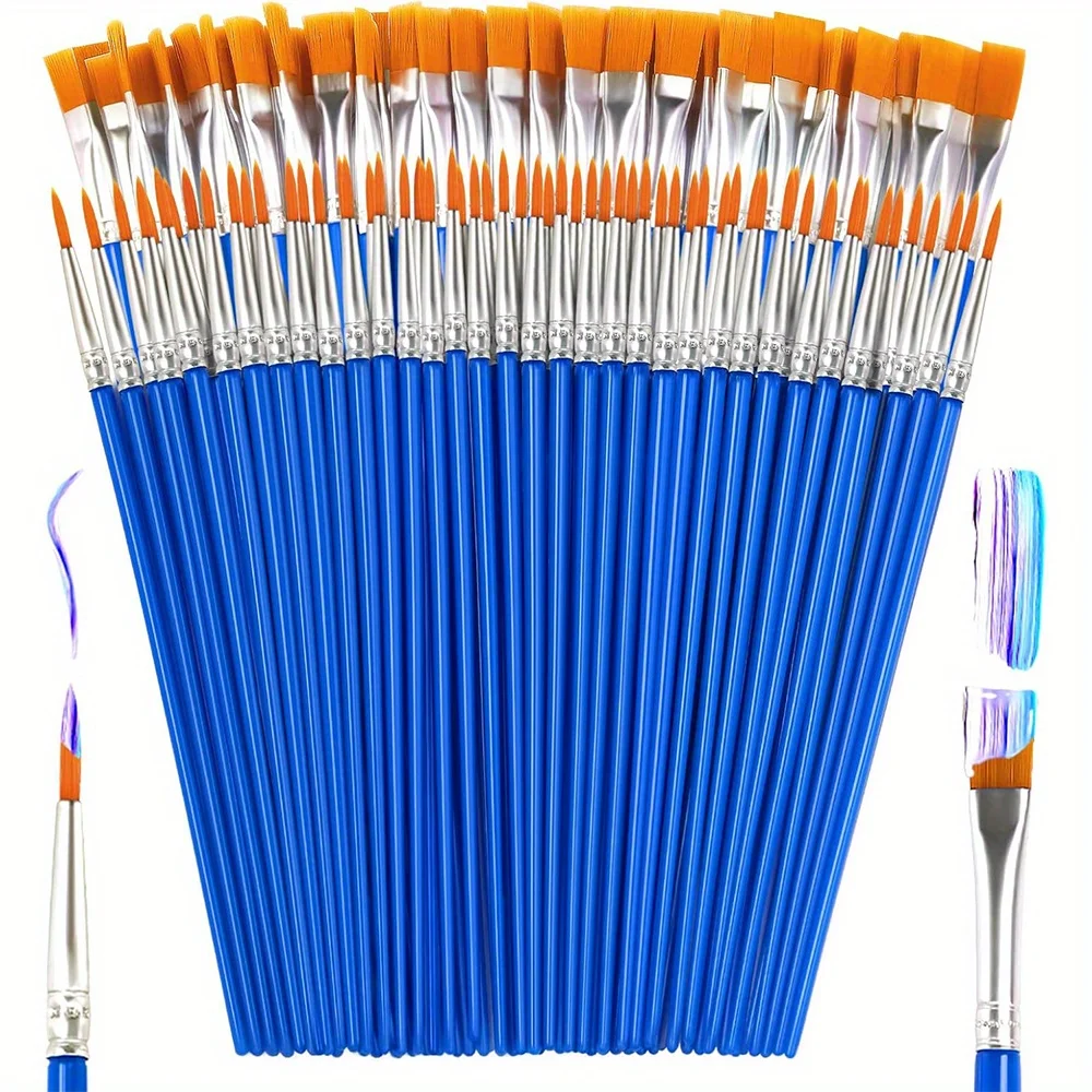 50Pcs Painting Brushes Set Art Round Flat Hair Nylon Hair Paint Brush for Oil Acrylic Watercolor