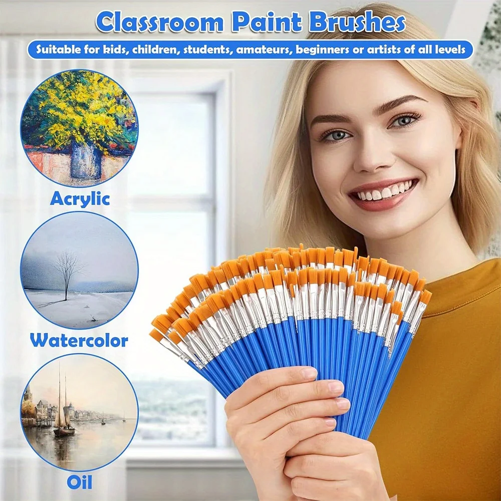 50Pcs Painting Brushes Set Art Round Flat Hair Nylon Hair Paint Brush for Oil Acrylic Watercolor