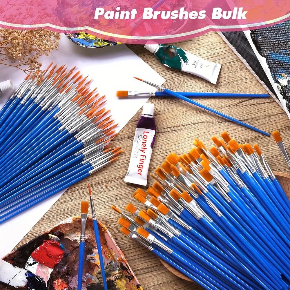 50Pcs Painting Brushes Set Art Round Flat Hair Nylon Hair Paint Brush for Oil Acrylic Watercolor