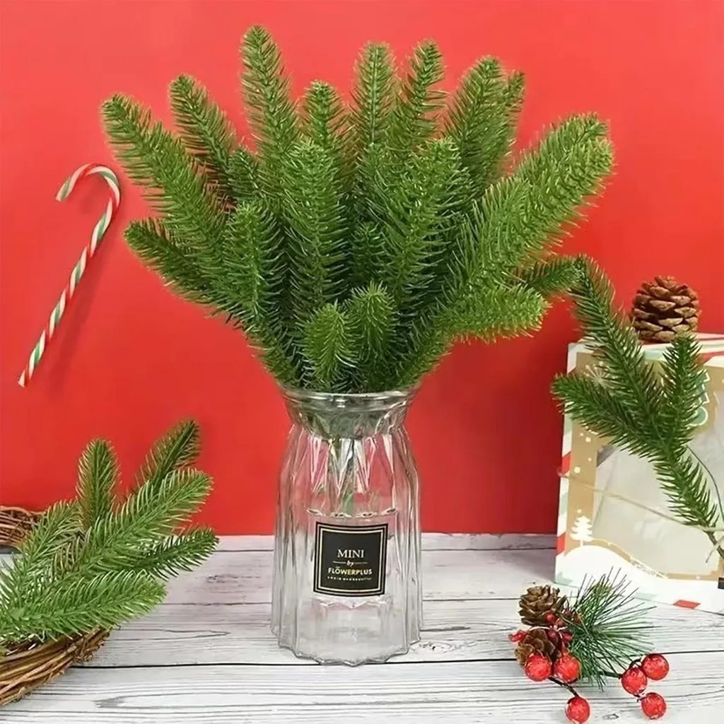 20Pcs Christmas Artificial Pine Needles Branches Green Fake Pine Stems DIY Garland Home Party Decoration Xmas New Year Gifts