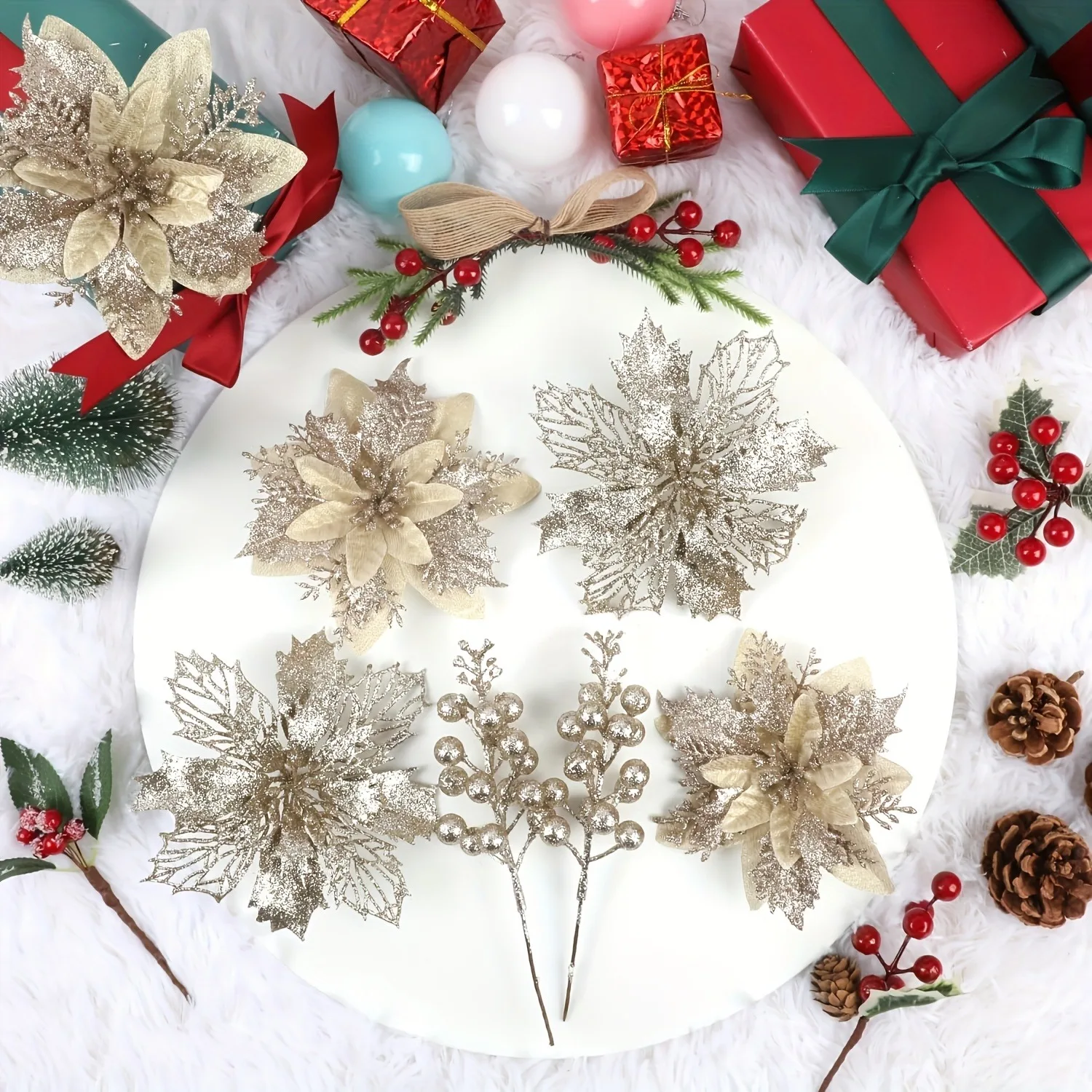 21Pcs Artificial Flowers Berry Bouquet Christmas Decoration Vase for Home Room Decor Fake Flowers Garland Ornament Accessories