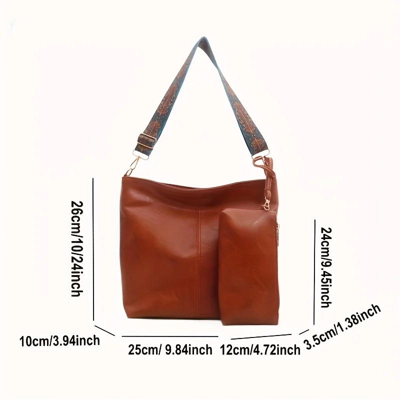 Retro PU Material Women's Bucket Tote Bag Set, Adjustable Wide Strap for Daily Need with Fashion Zipper Closure Polyester Lining