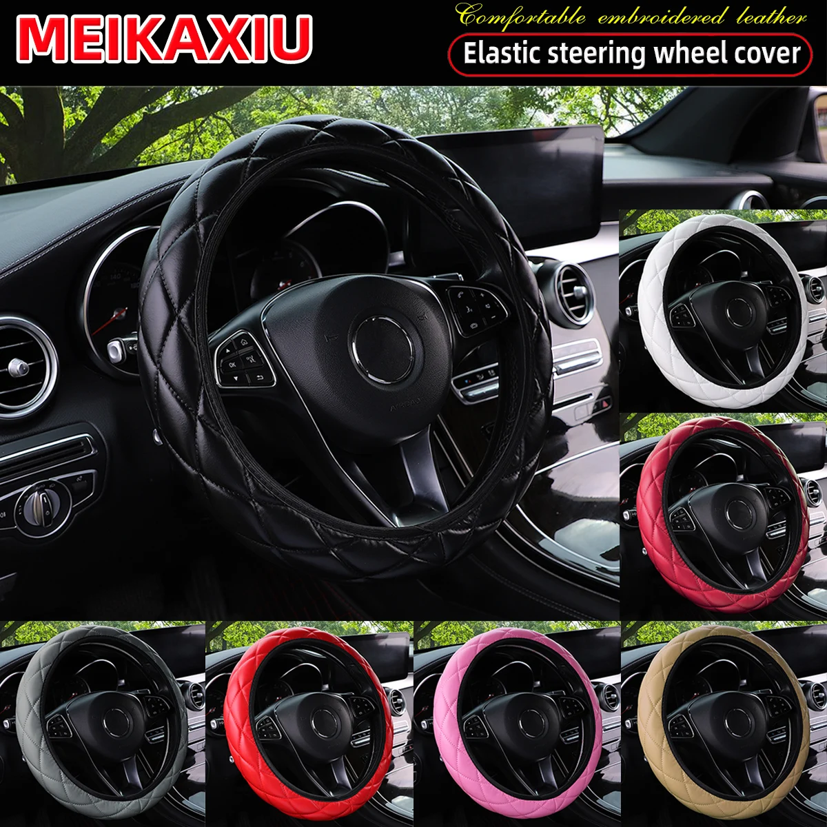 3D Embroidered Artificial Sheepskin PU Leather Steering Wheel Cover Rimless Universal Fit for 14.5-15 Inch Car Wheels